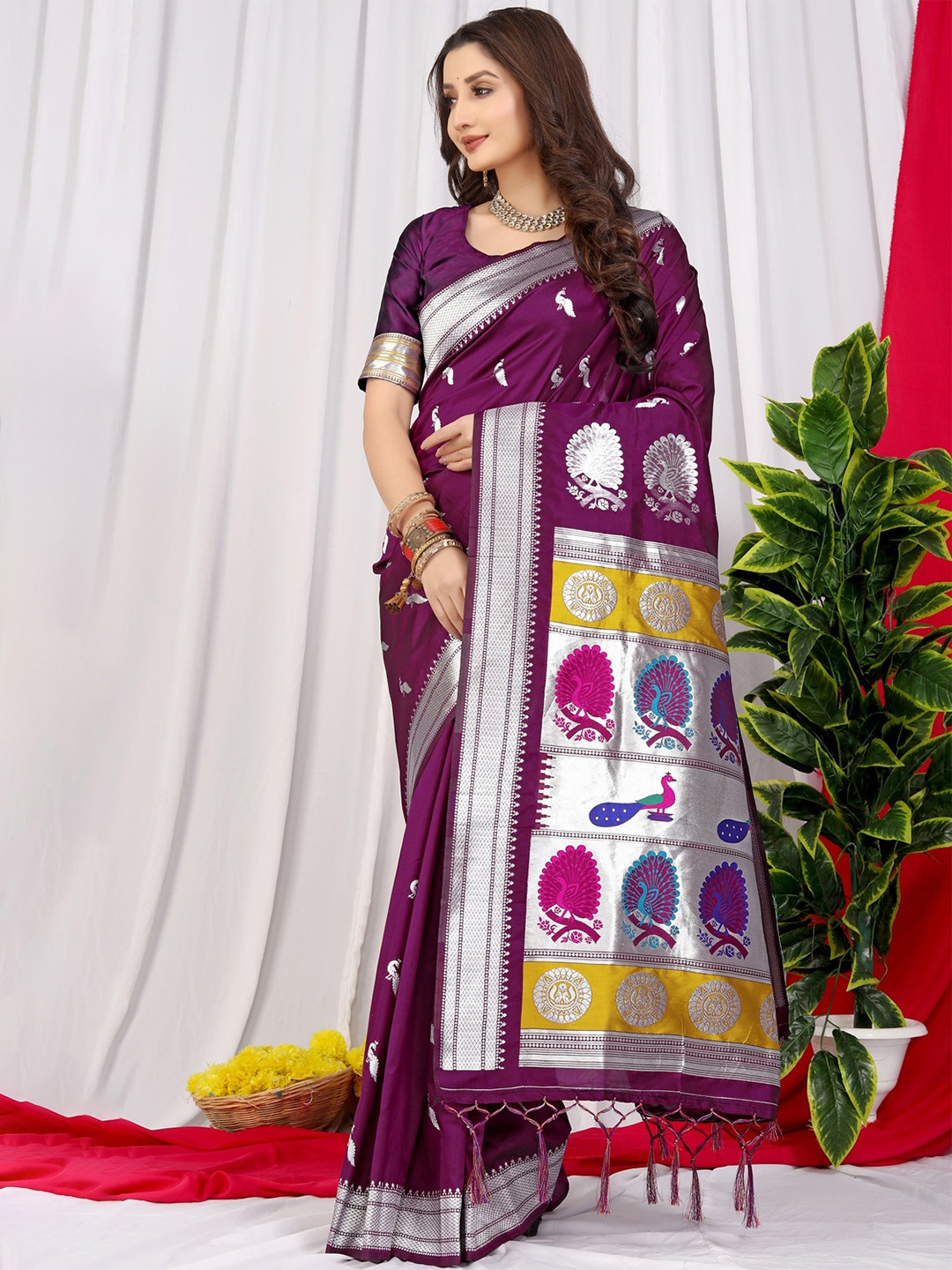 

CANIZZARO Ethnic Motifs Woven Design Zari Pure Silk Paithani Saree, Magenta