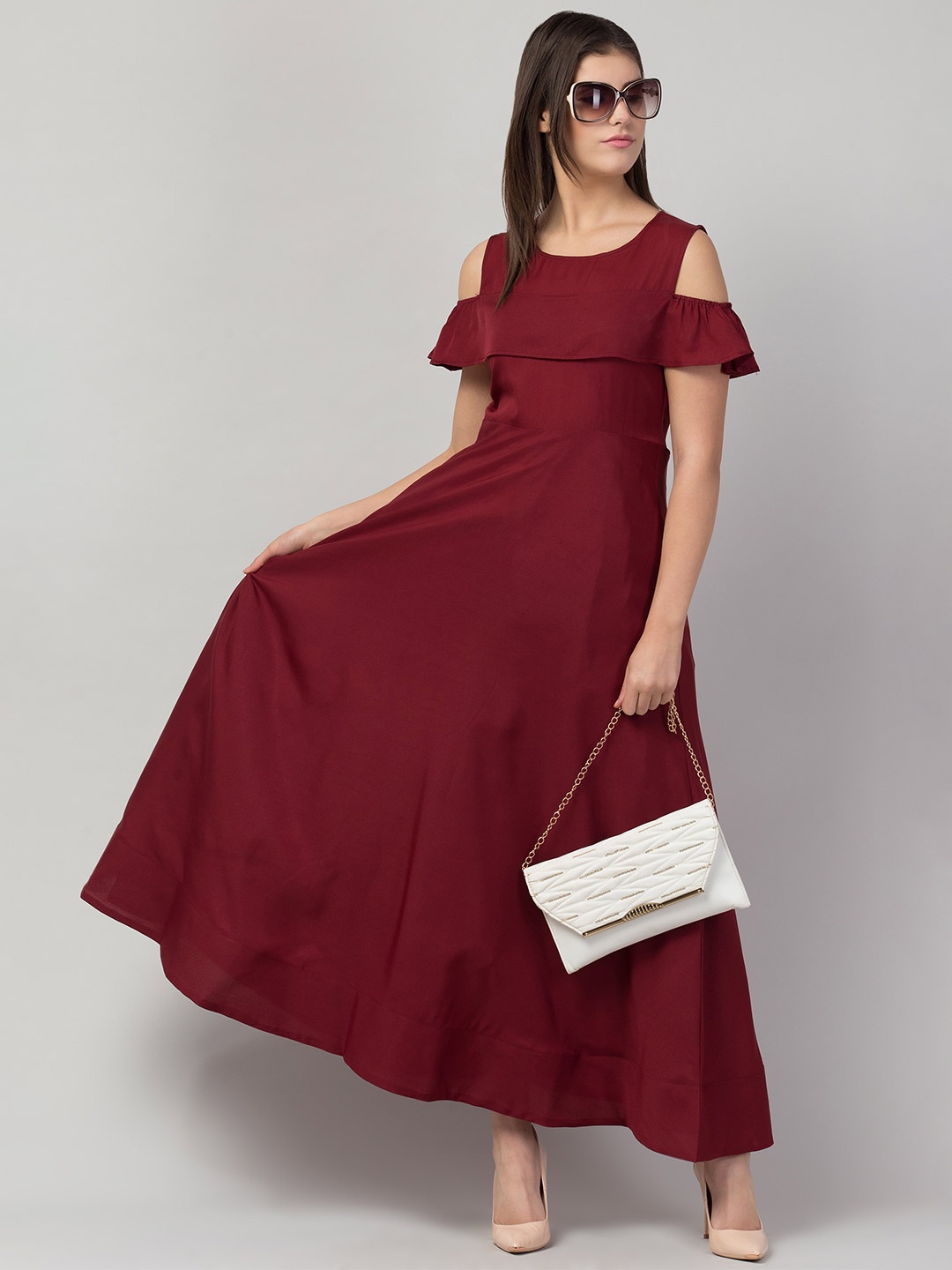 

ADDICTED ATTIRE Round Neck Cold Shoulder Maxi Dress, Maroon