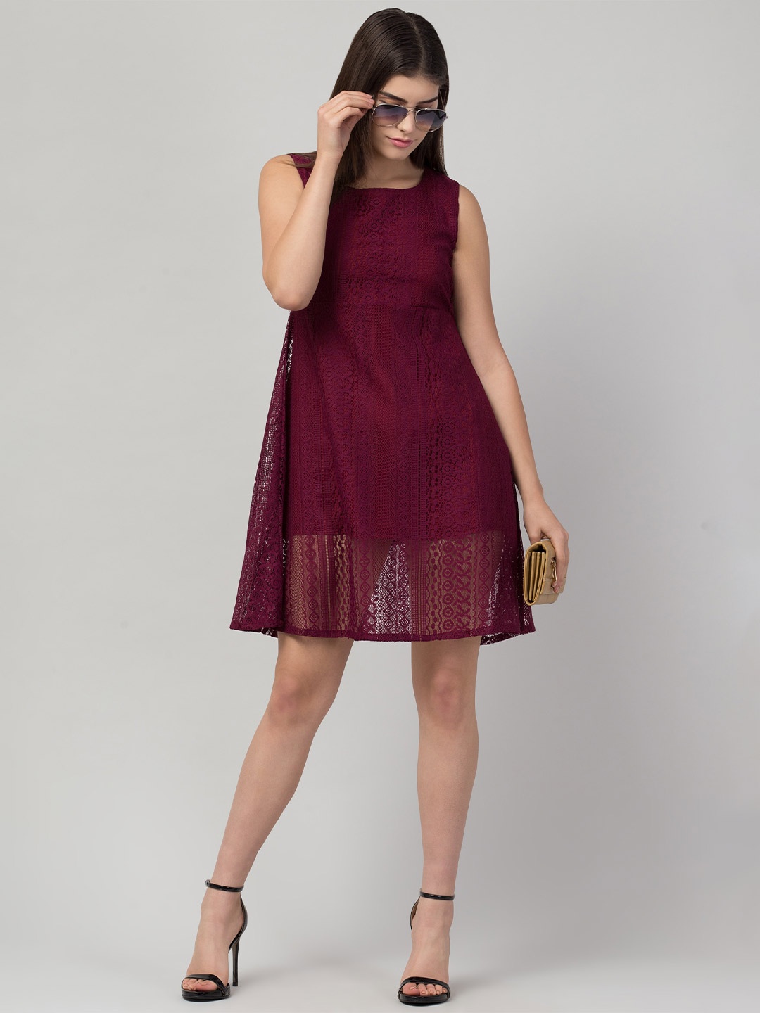 

ADDICTED ATTIRE Round Neck Net Fit & Flare Short Dress, Maroon