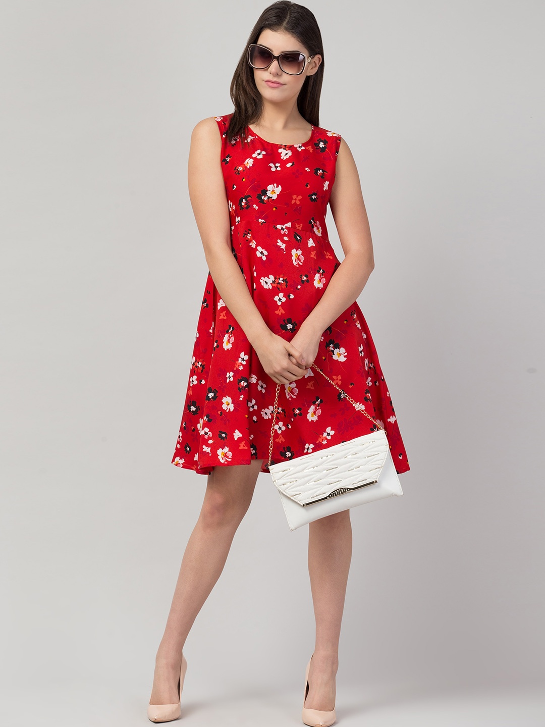 

ADDICTED ATTIRE Floral Printed Round Neck Fit & Flare Dress, Red