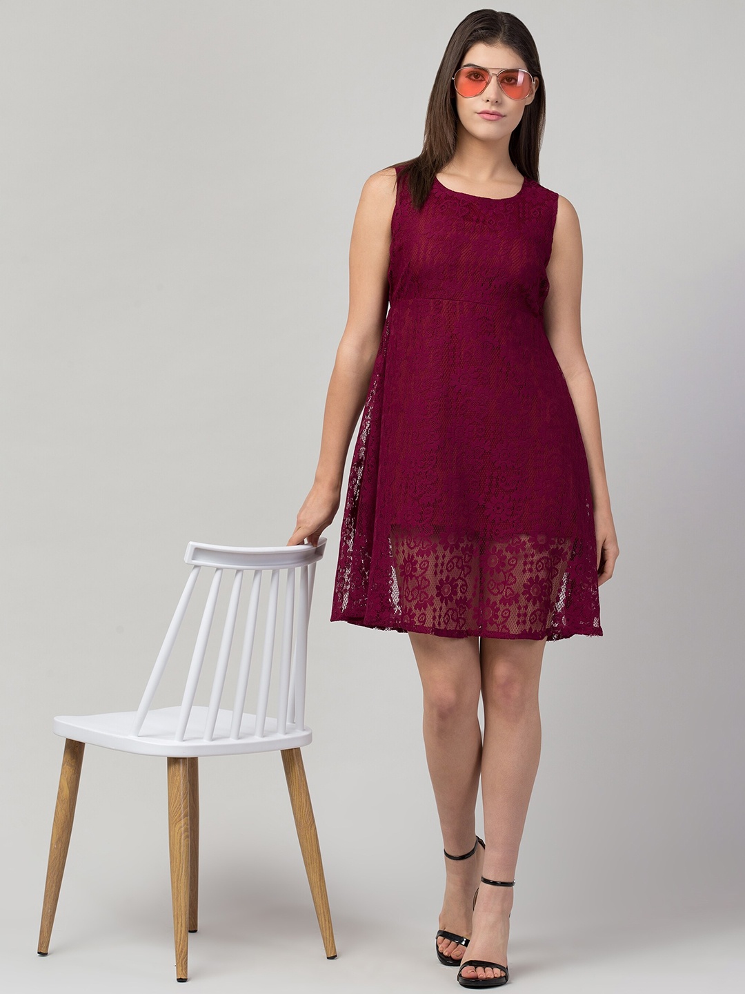 

ADDICTED ATTIRE Round Neck Net A-Line Dress, Maroon