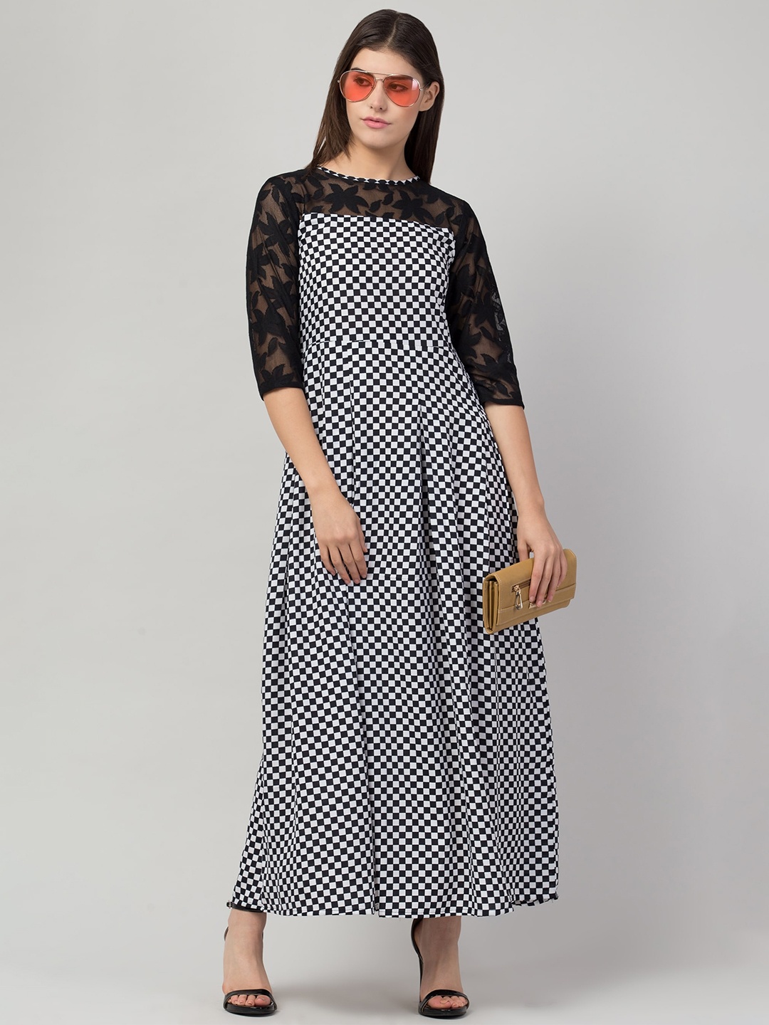 

ADDICTED ATTIRE Geometric Printed Round Neck Maxi Dress, Black