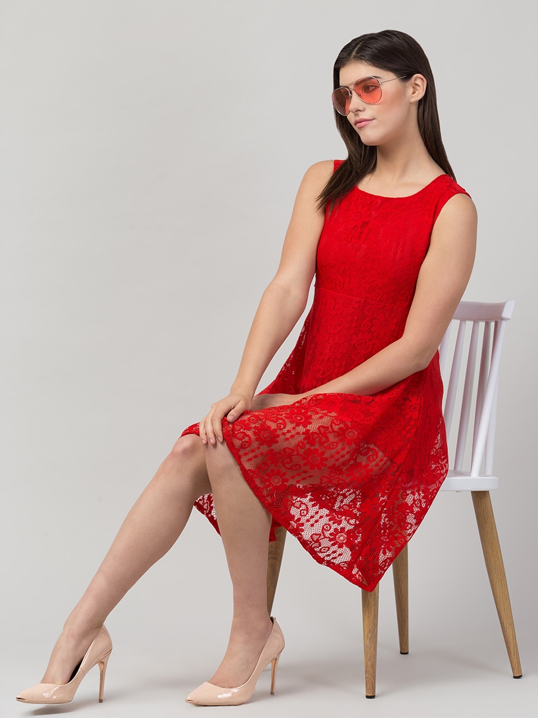 

ADDICTED ATTIRE Lace Round Neck Sleeveless Net Above Knee Empire Flared Dress, Red