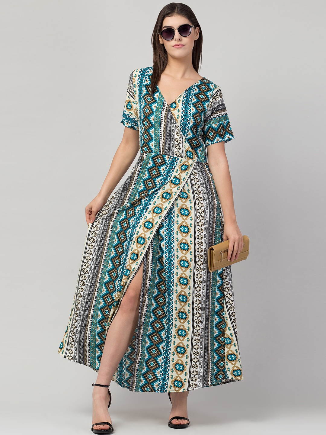 

ADDICTED ATTIRE Abstract Print V-Neck Short Sleeves Maxi Slip Dress, Green