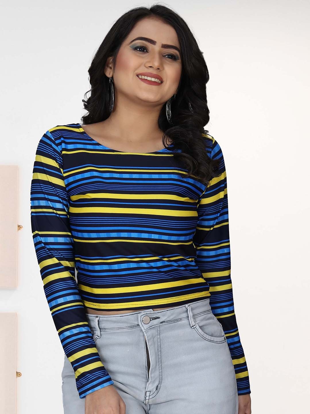 

BAESD Striped Long Sleeves Crop Top, Blue