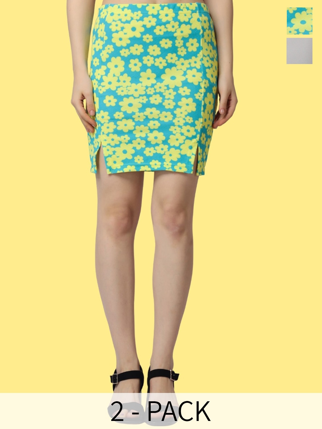 Popwings Pack Of 2 Floral Printed Above Knee Length Skirts, Blue