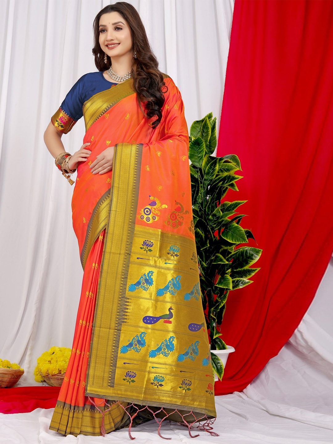 

CANIZZARO Ethnic Motifs Zari Pure Silk Paithani Saree, Orange