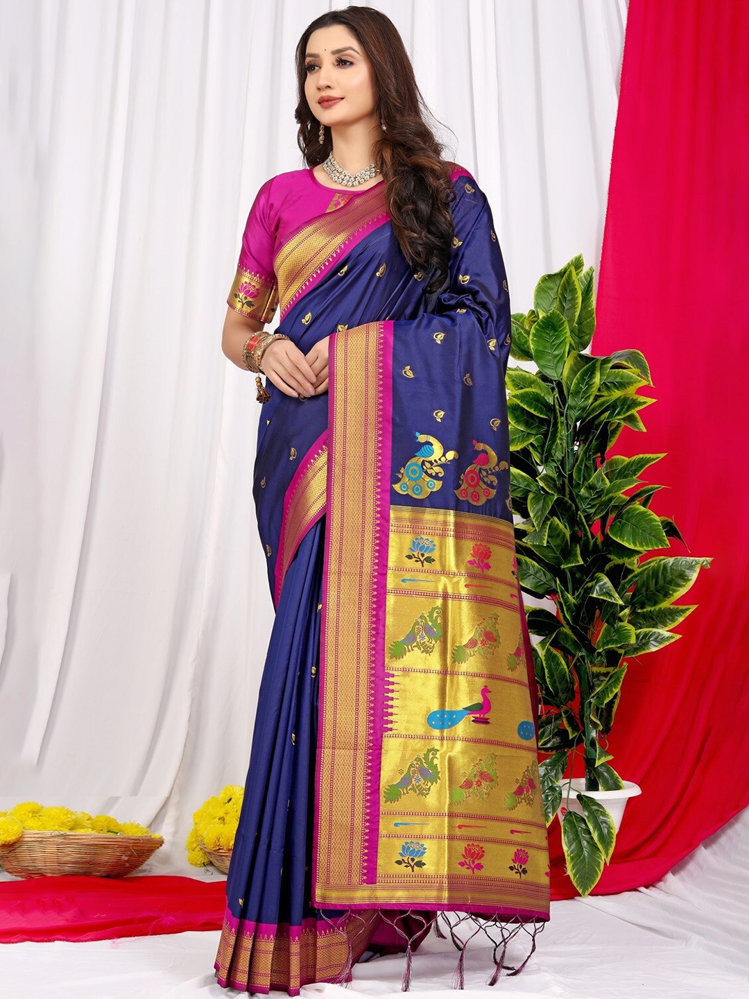 

CANIZZARO Ethnic Motifs Zari Pure Silk Paithani Saree, Blue