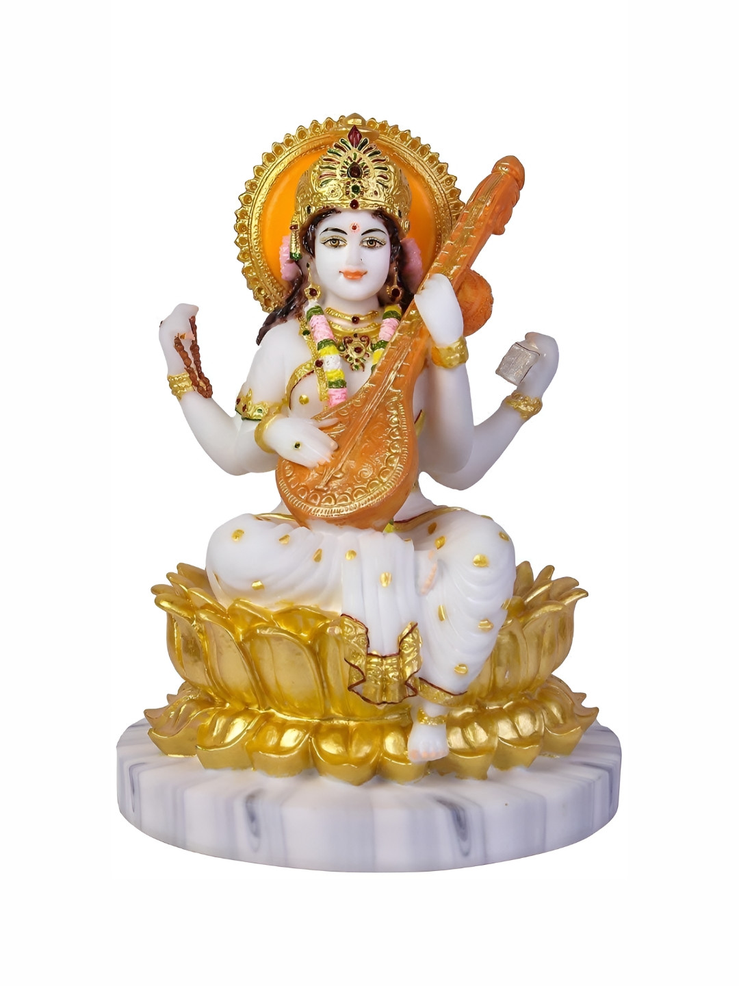 

krishnagallery1 White & Gold Toned Marble Saraswati Mata Idol Showpiece