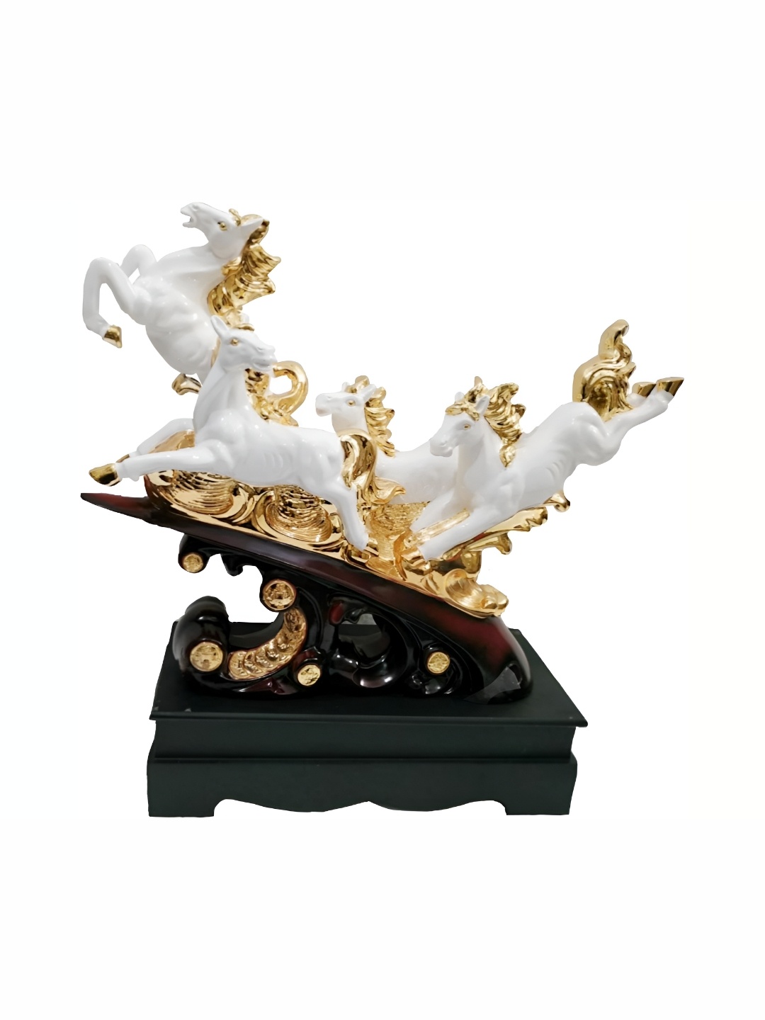 

krishnagallery1 Gold Toned & White Wooden Horse Showpiece