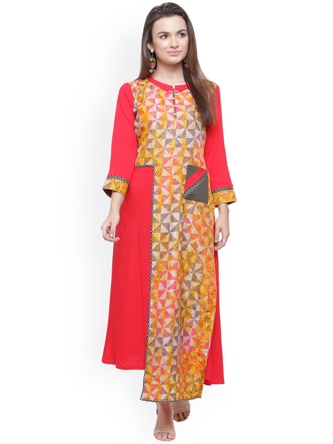 

Kvsfab Women Coral & Multicoloured Printed A-Line Kurta