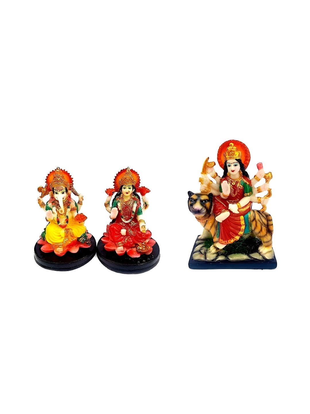 

krishnagallery1 Yellow & Red 3 Pcs Laxmi Ganesh & Sherawali Mata Idols Showpiece