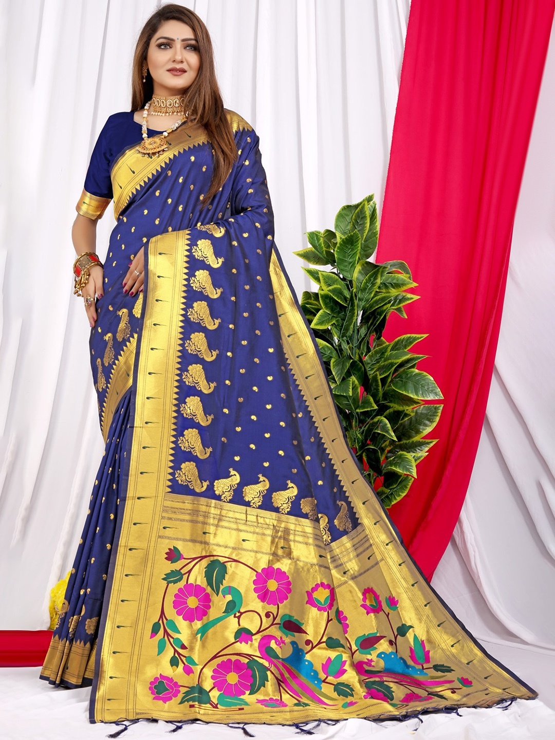 

CANIZZARO Ethnic Motif Woven Design Pure Silk Paithani Zari Saree, Blue