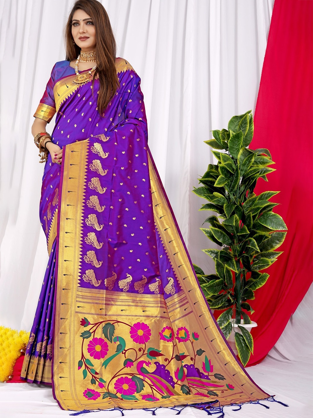 

CANIZZARO Ethnic Motif Woven Design Pure Silk Paithani Zari Saree, Purple