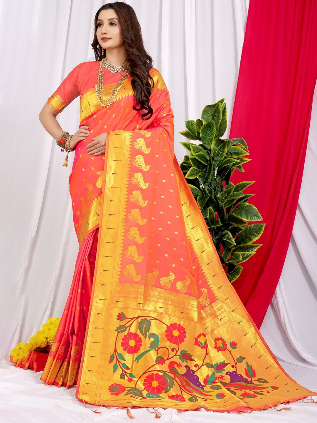 

CANIZZARO Ethnic Motif Woven Design Pure Silk Paithani Zari Saree, Orange