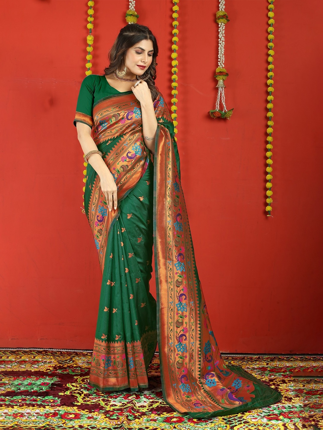 

CANIZZARO Ethnic Motifs Zari Pure Silk Paithani Saree, Green