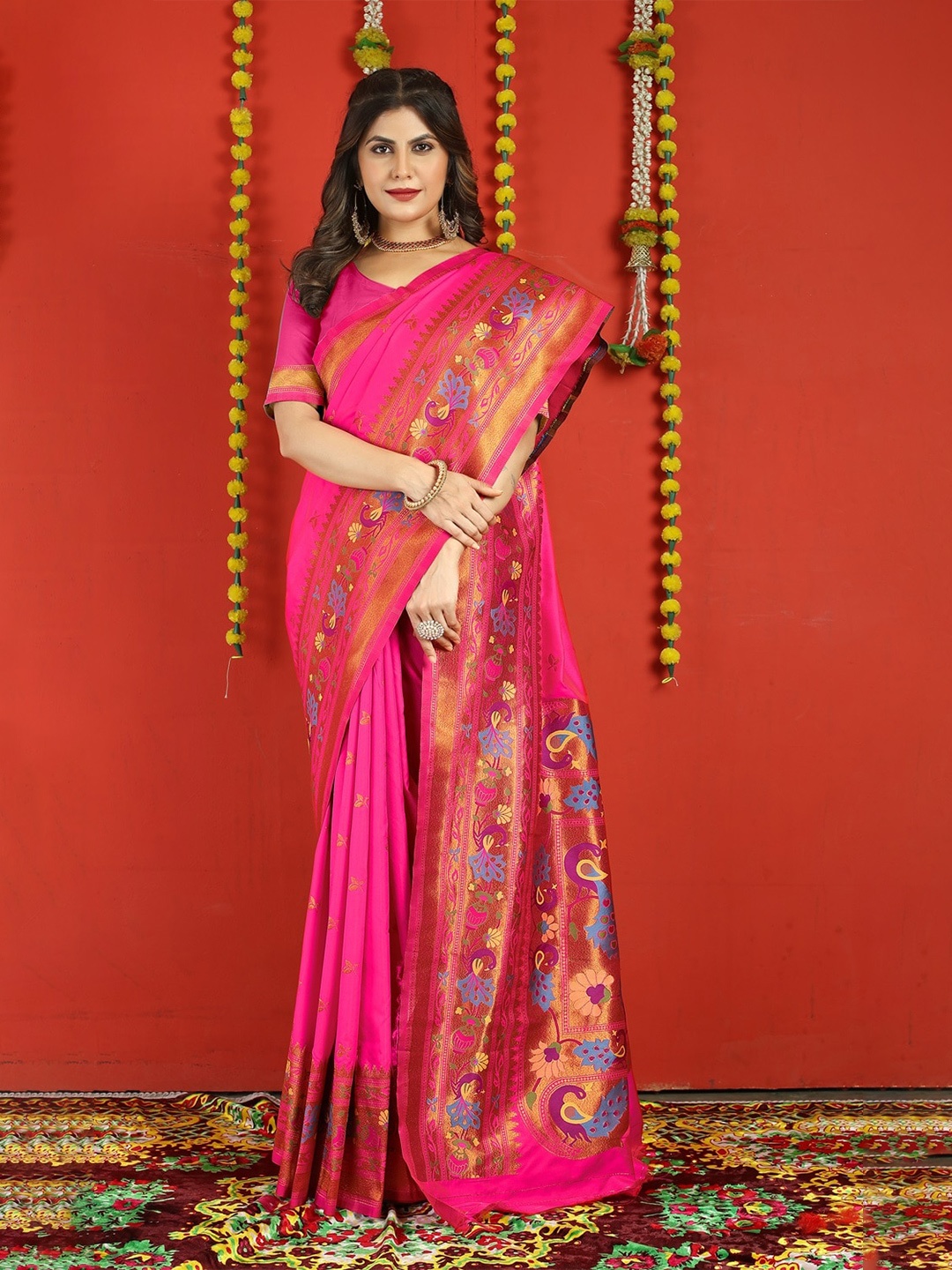 

CANIZZARO Ethnic Motifs Zari Pure Silk Paithani Saree, Pink