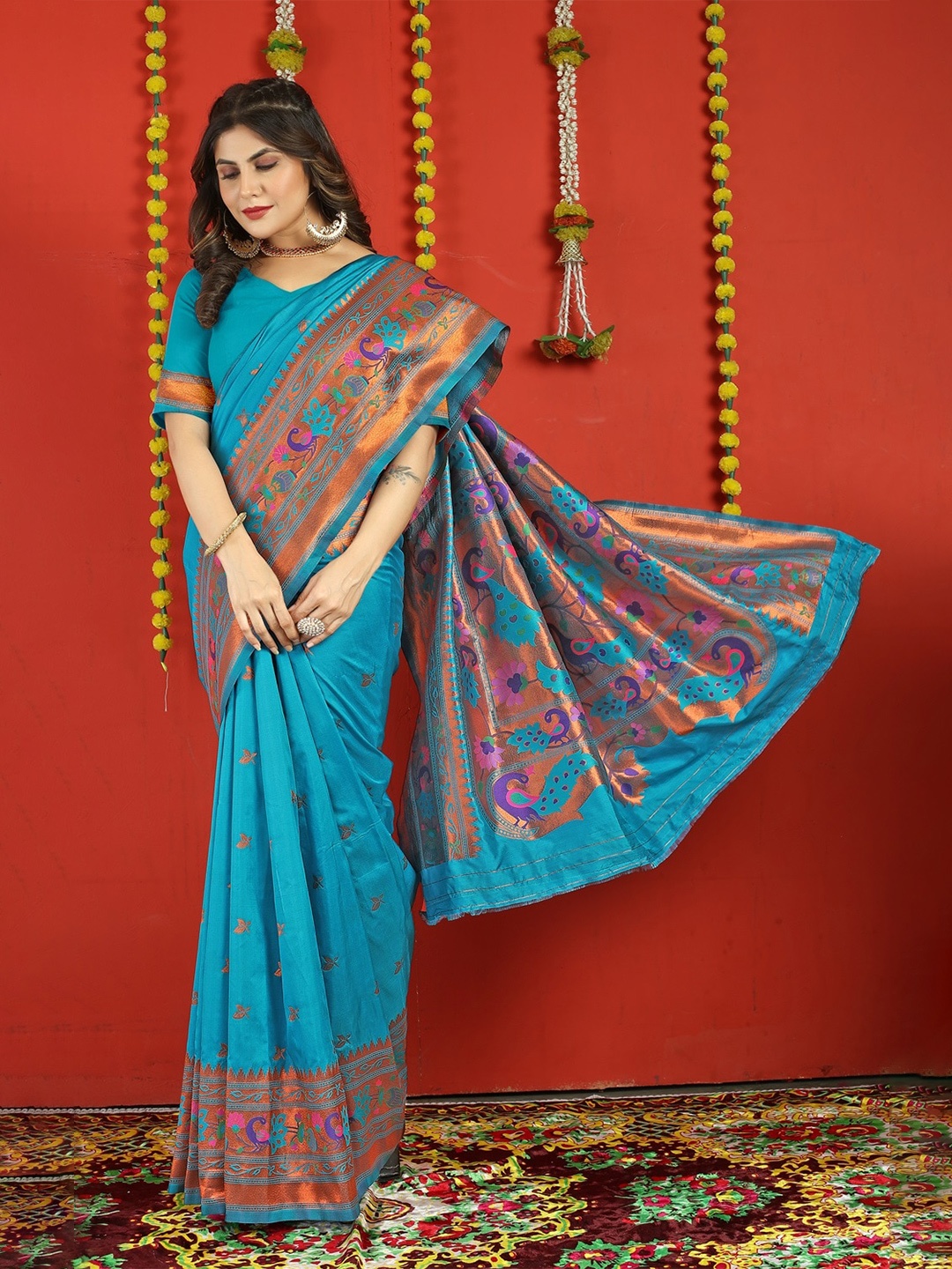 

CANIZZARO Ethnic Motifs Woven Design Zari Pure Silk Paithani Saree, Turquoise blue