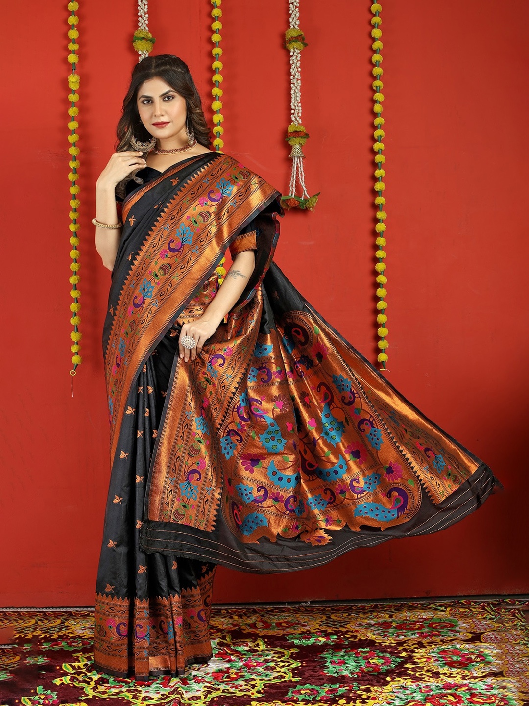 

CANIZZARO Ethnic Motifs Zari Pure Silk Paithani Saree, Black