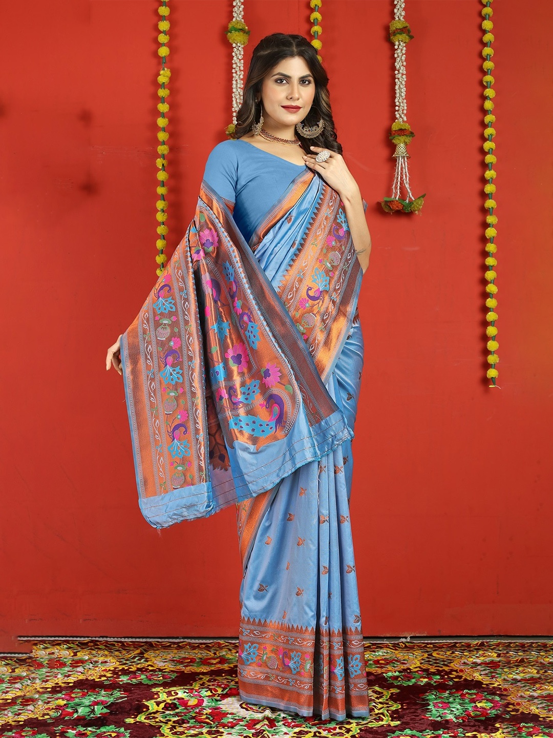 

CANIZZARO Ethnic Motifs Woven Design Zari Pure Silk Paithani Saree, Turquoise blue