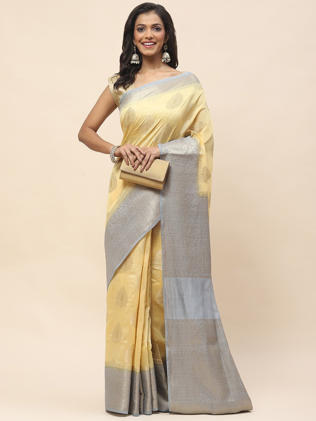 

Meena Bazaar Ethnic Motifs Woven Design Zari Saree, Mustard