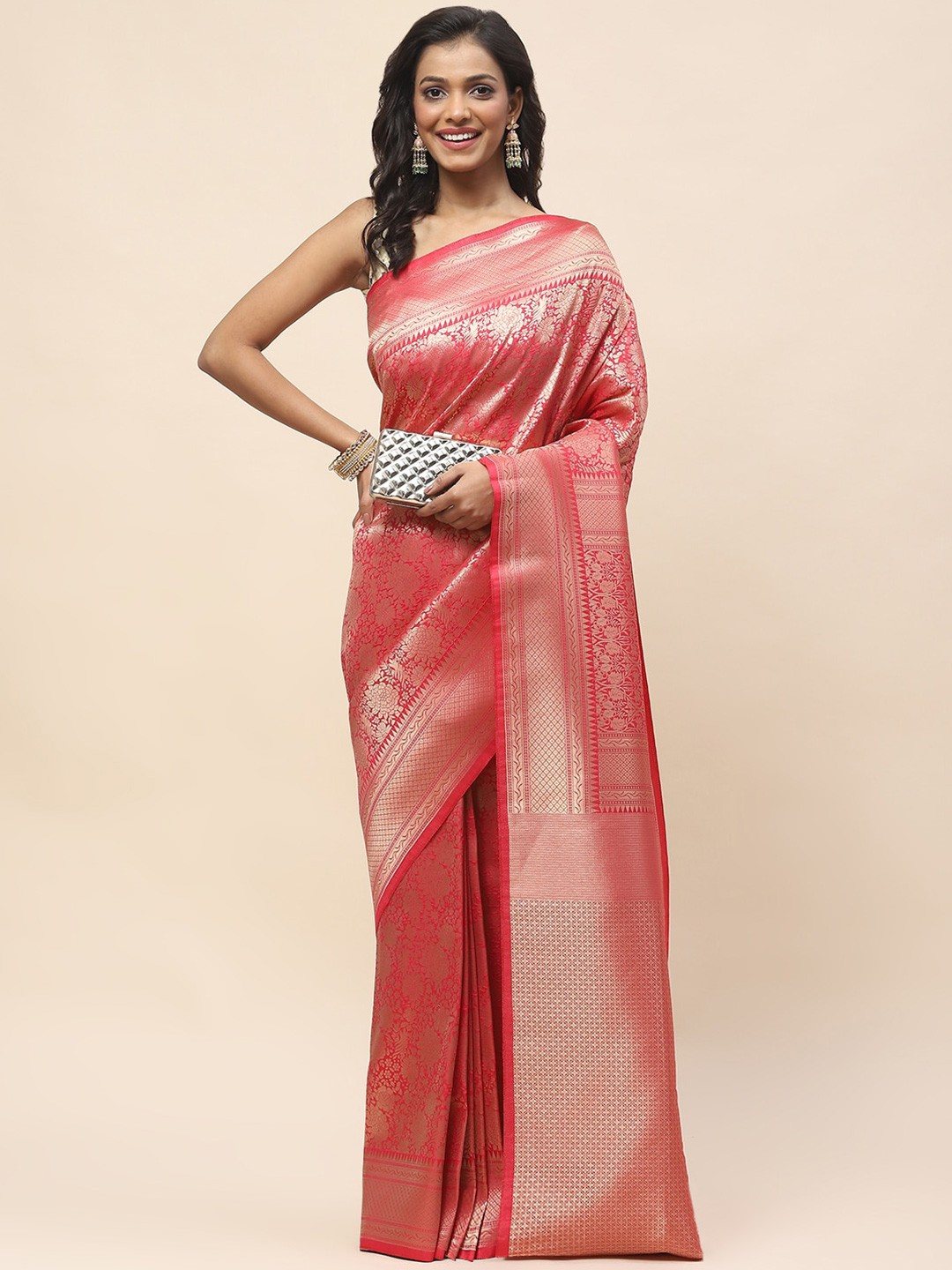 

Meena Bazaar Floral Woven Design Zari Banarasi Saree, Red