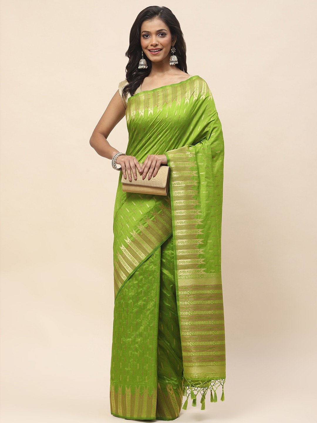 

Meena Bazaar Geometric Woven Design Zari Saree, Green