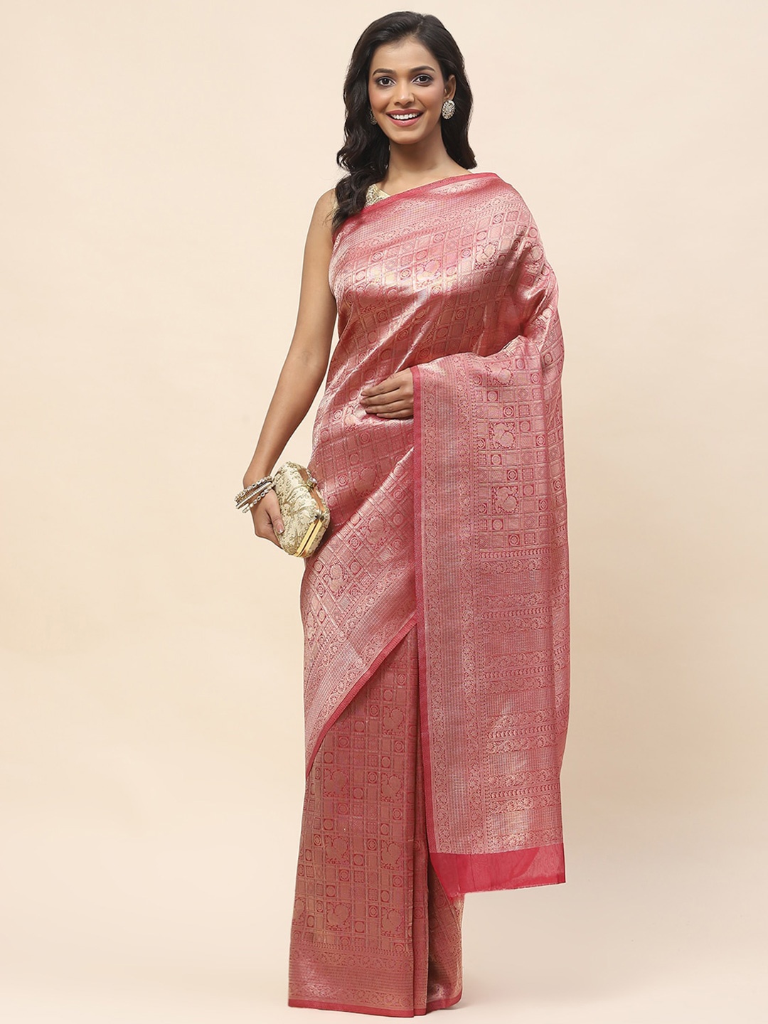 

Meena Bazaar Ethnic Motifs Woven Design Zari Banarasi Saree, Maroon