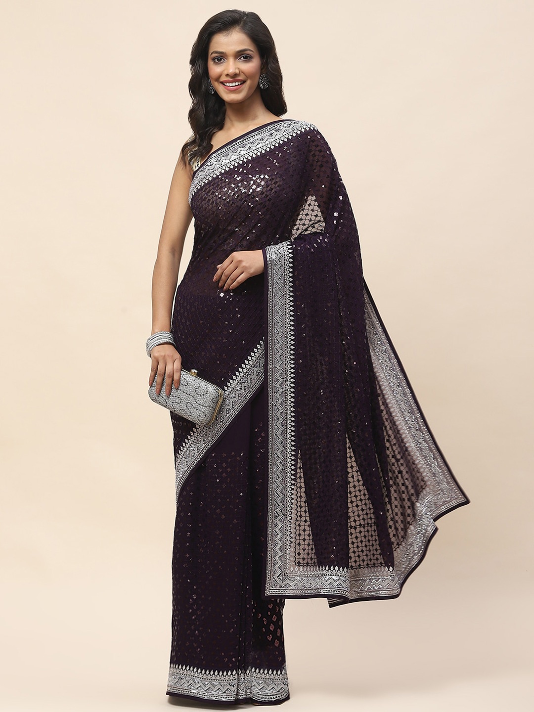 

Meena Bazaar Geometric Embellished Sequinned Saree, Purple