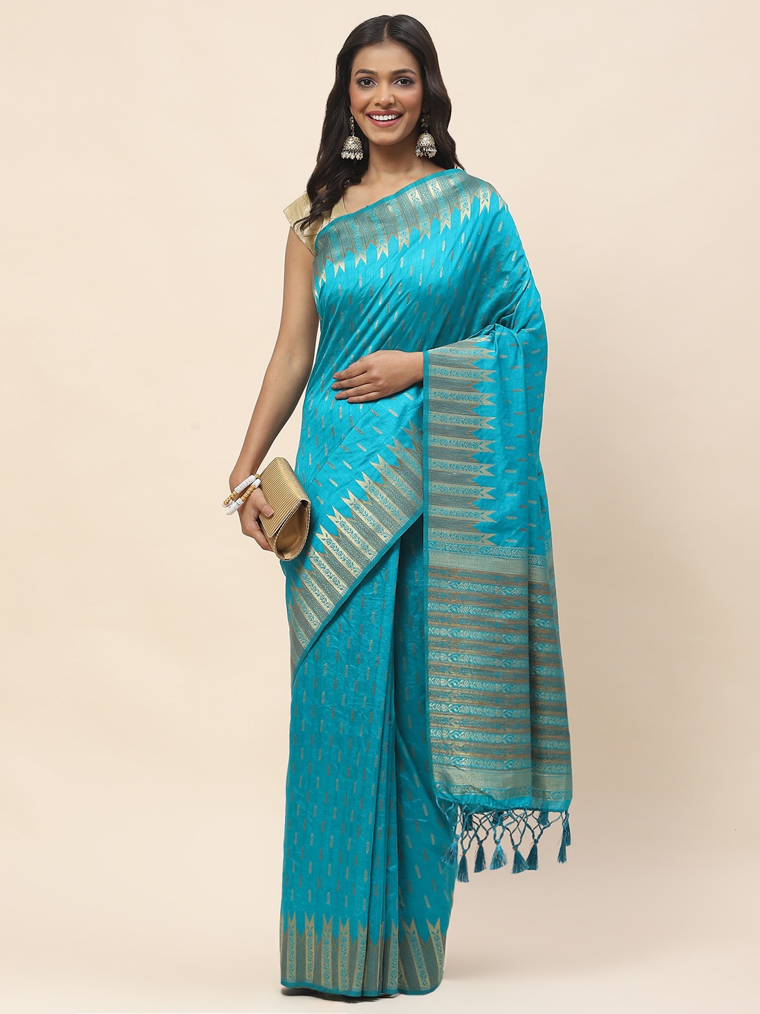 

Meena Bazaar Ethnic Motifs Woven Design Zari Saree, Blue