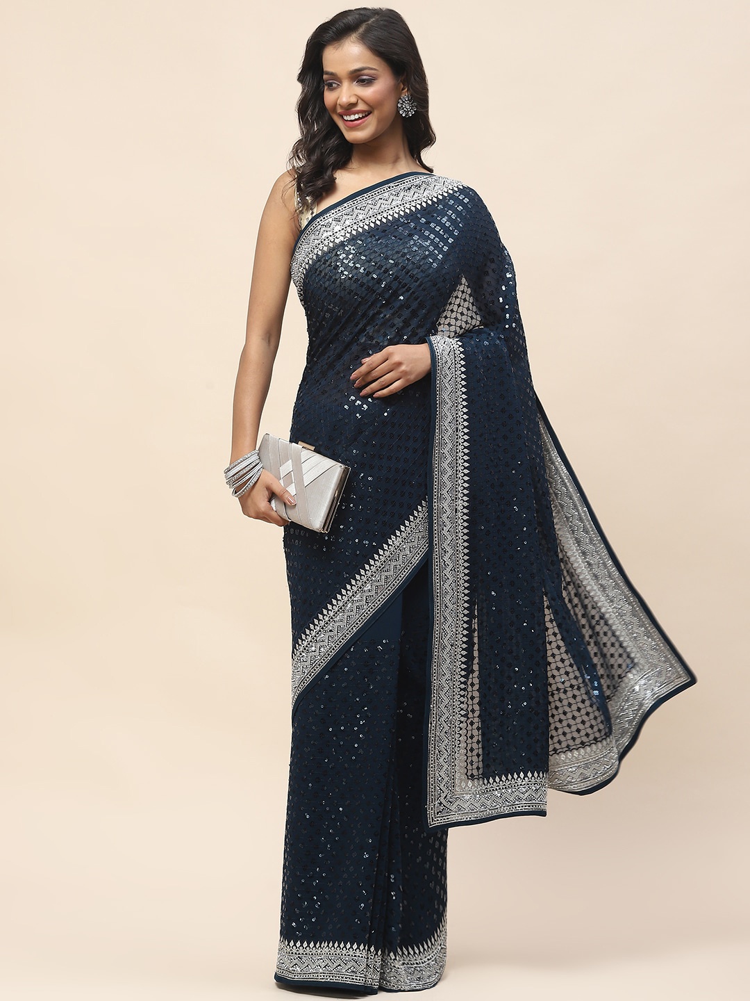 

Meena Bazaar Geometric Embellished Sequinned Saree, Teal