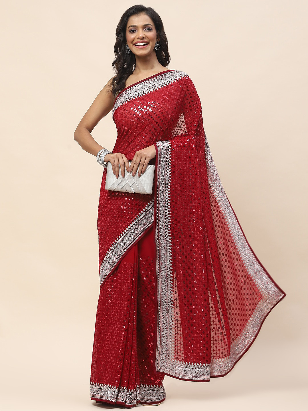

Meena Bazaar Geometric Embellished Sequinned Saree, Maroon