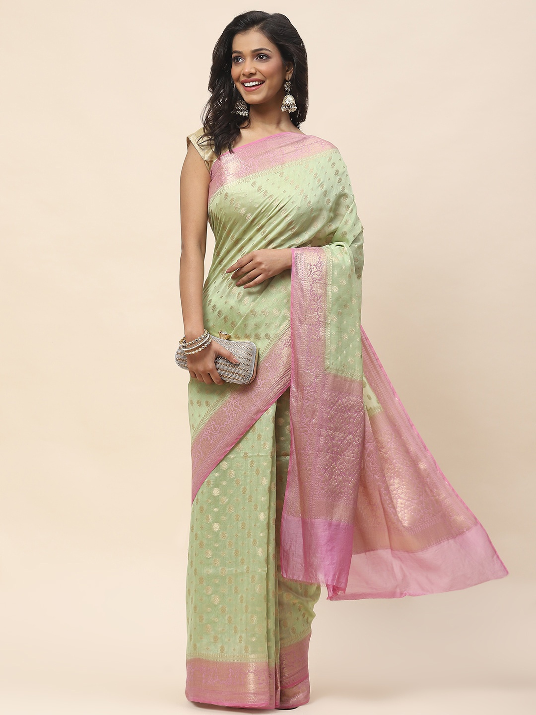

Meena Bazaar Floral Woven Design Zari Saree, Green