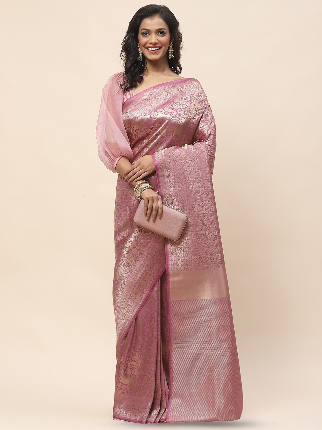 

Meena Bazaar Ethnic Motifs Woven Design Zari Banarasi Saree, Purple