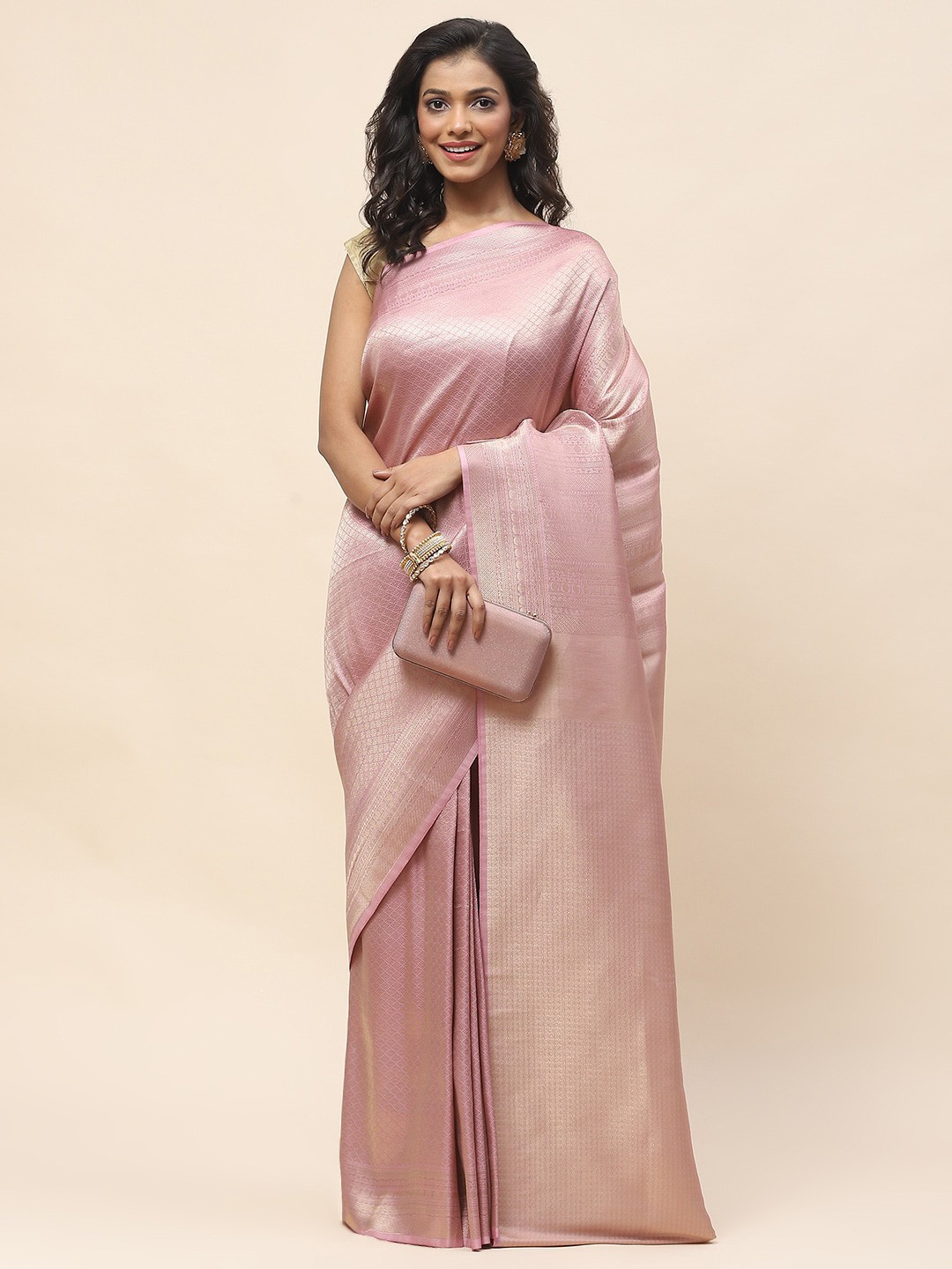 

Meena Bazaar Ethnic Motifs Woven Design Zari Banarasi Saree, Pink