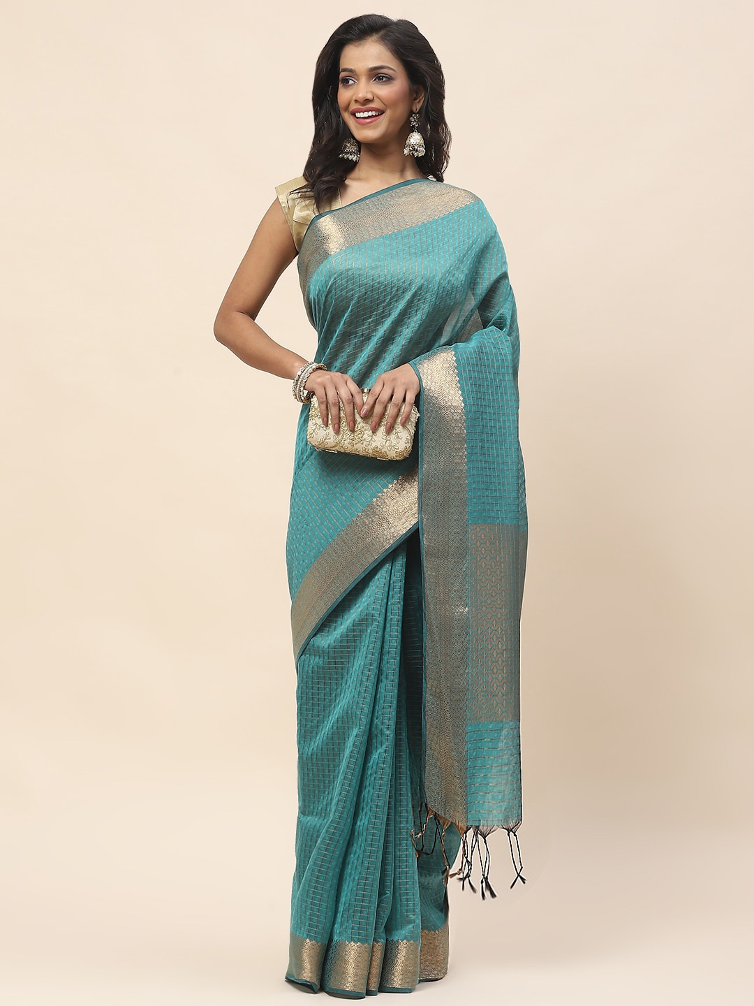 

Meena Bazaar Ethnic Motifs Woven Design Zari Saree, Green