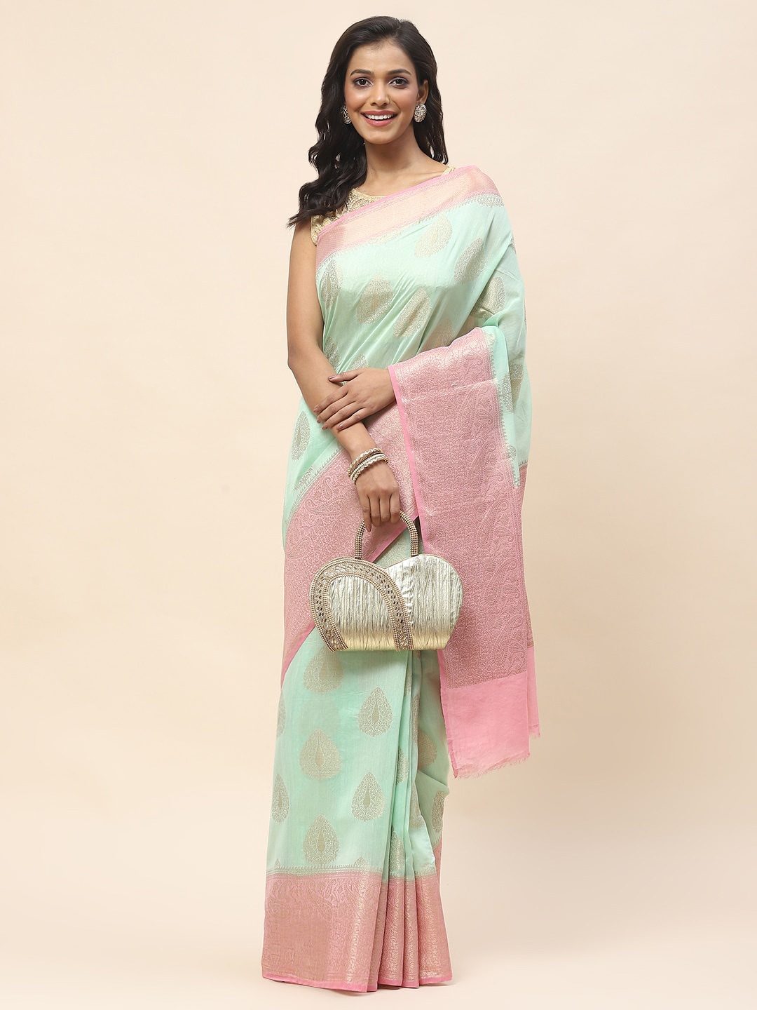 

Meena Bazaar Floral Woven Design Zari Saree, Sea green