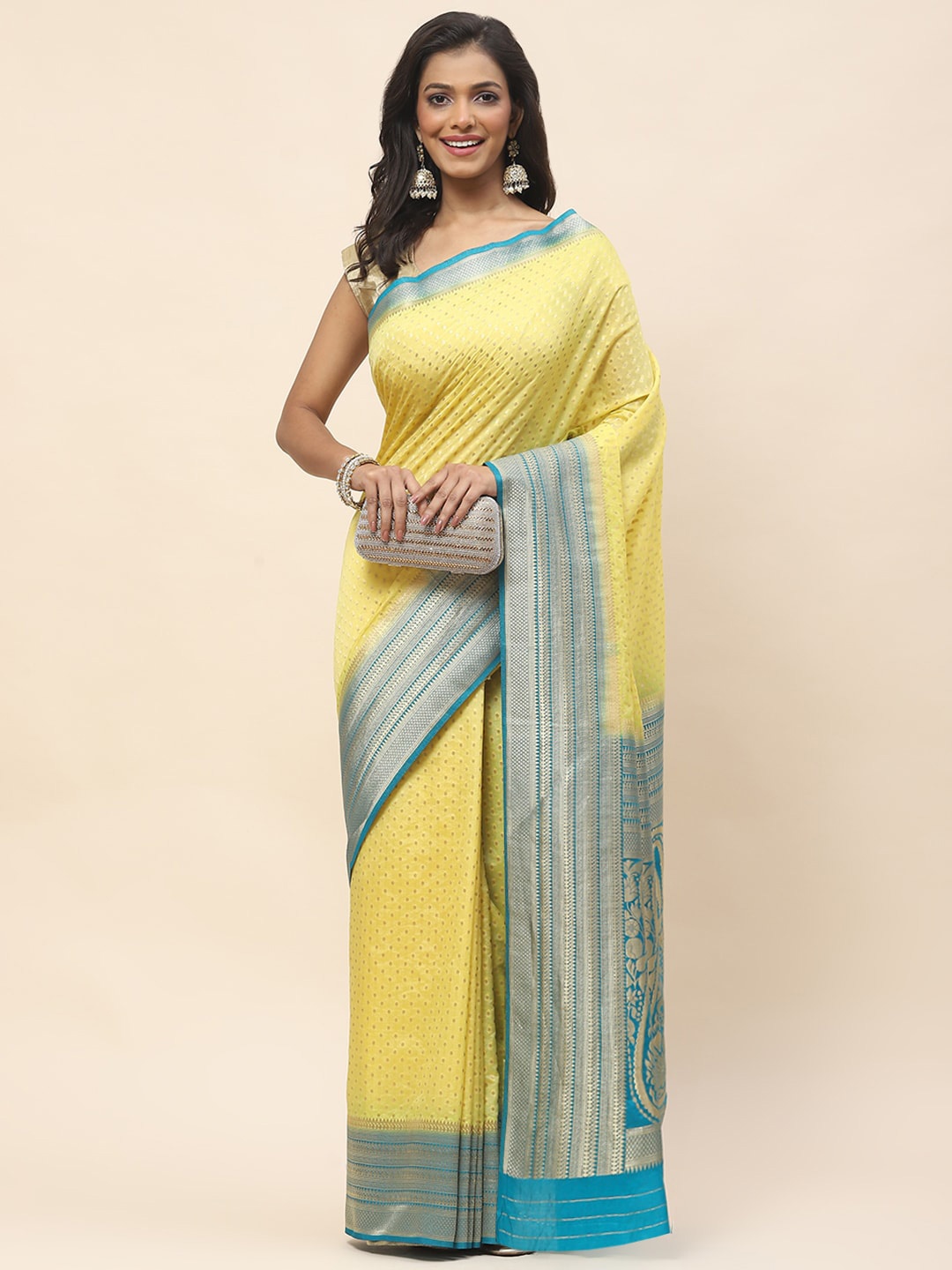 

Meena Bazaar Polka Dots Woven Design Zari Saree, Mustard