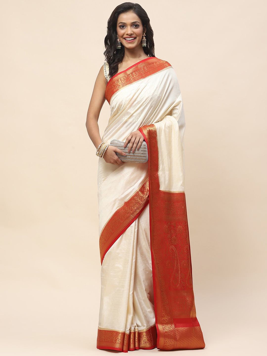 

Meena Bazaar Ethnic Motifs Woven Design Zari Saree, Cream