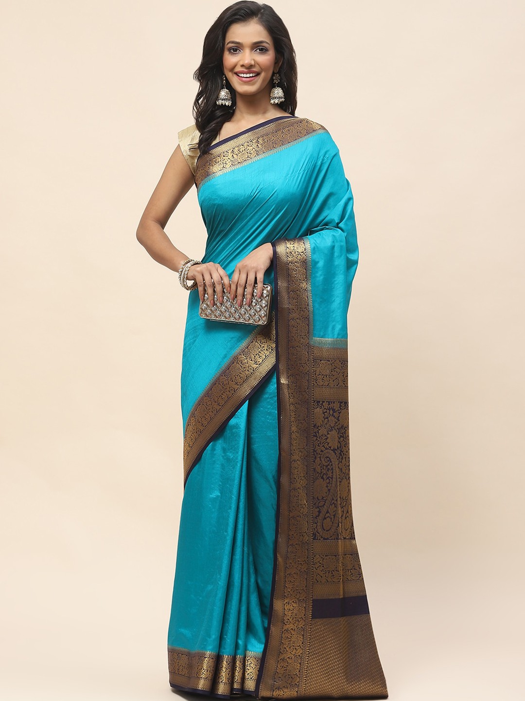 

Meena Bazaar Ethnic Motifs Woven Design Zari Saree, Blue