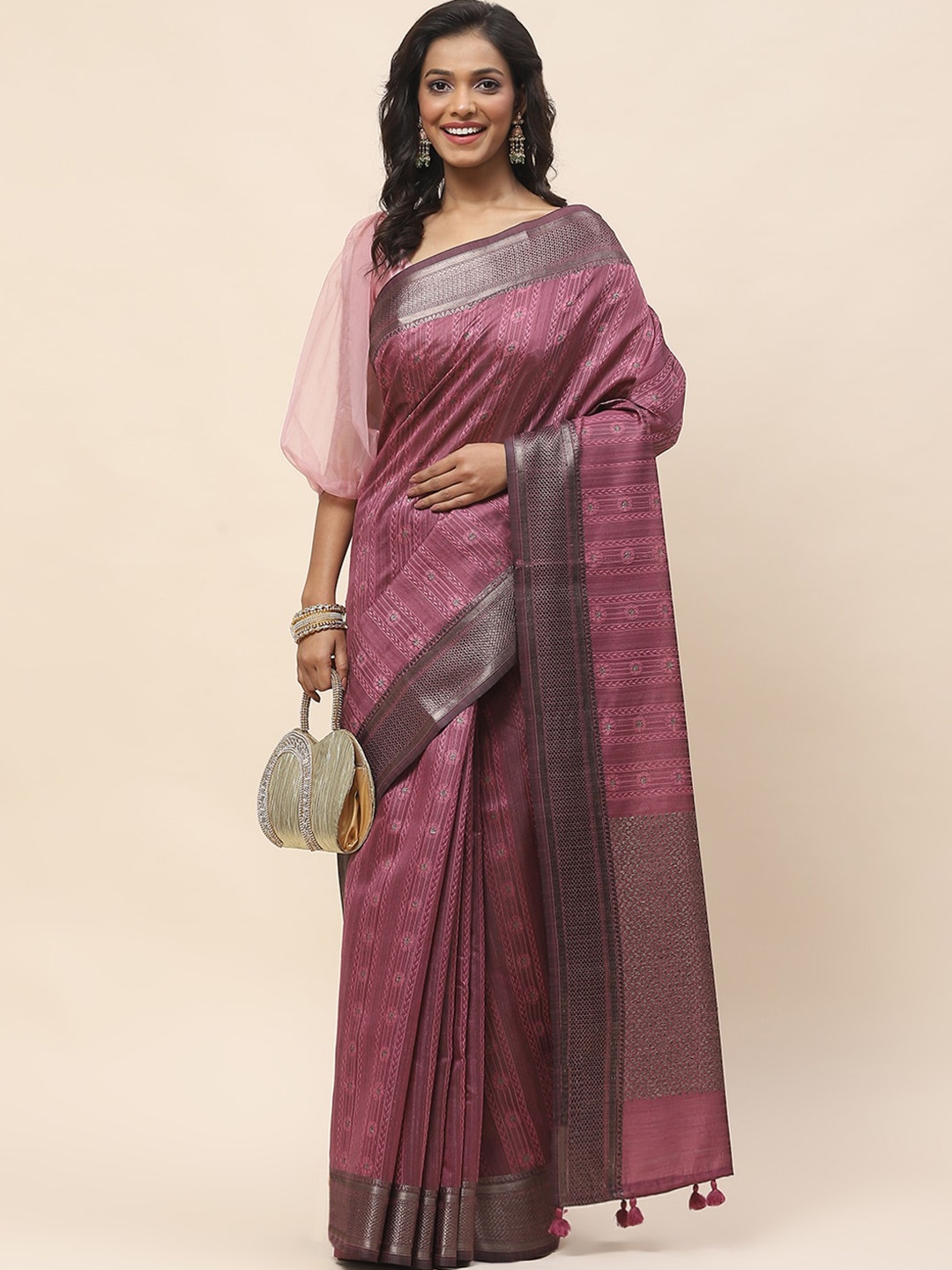 

Meena Bazaar Floral Woven Design Zari Tissue Saree, Pink