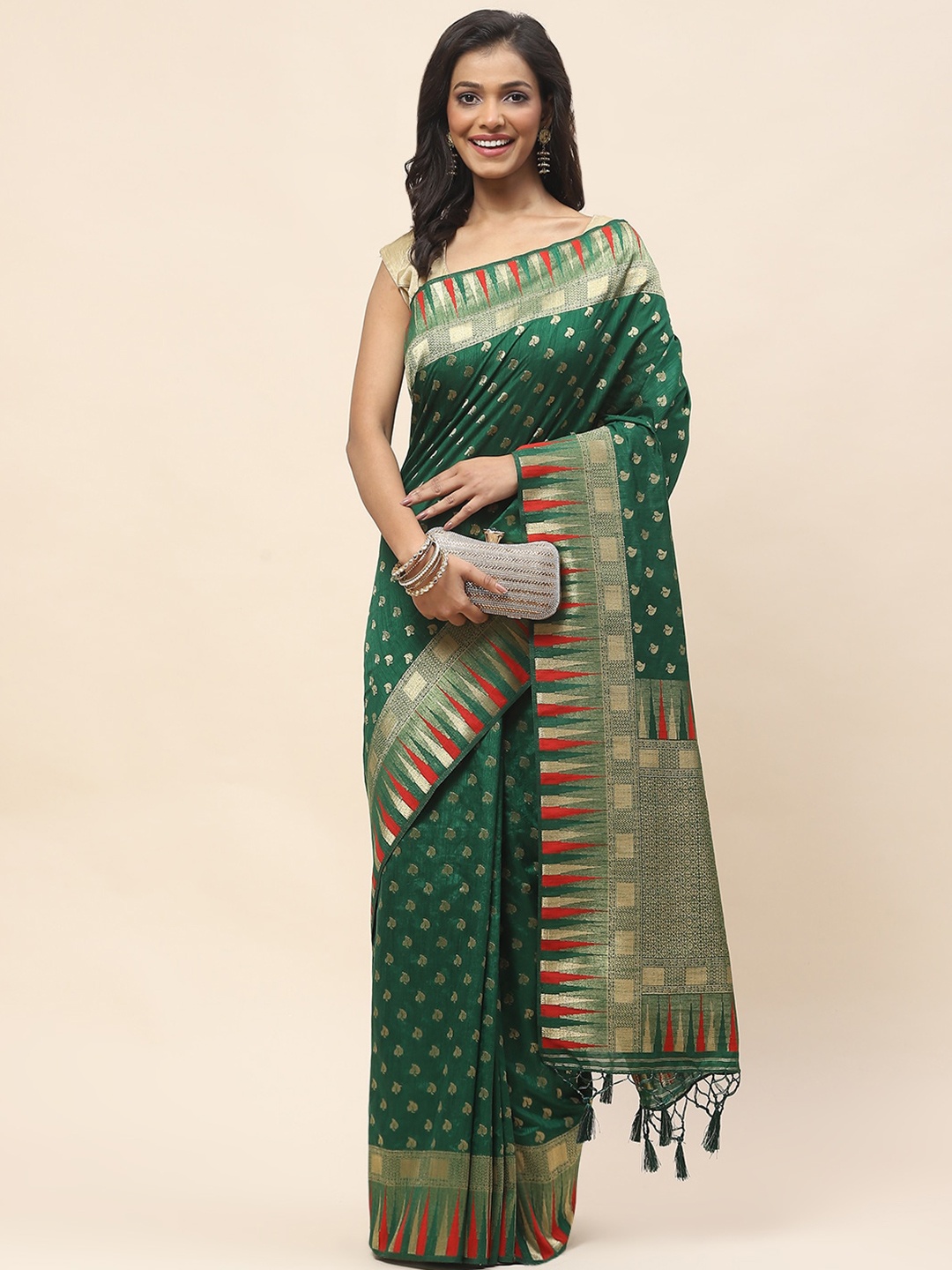 

Meena Bazaar Floral Woven Design Zari Art Silk Saree, Green