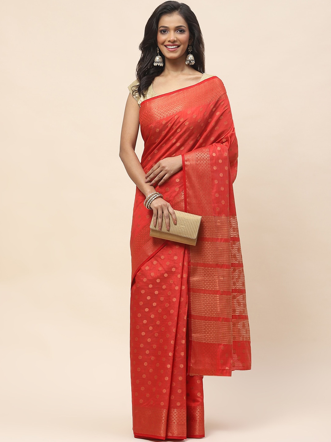 

Meena Bazaar Geometric Woven Design Zari Saree, Red