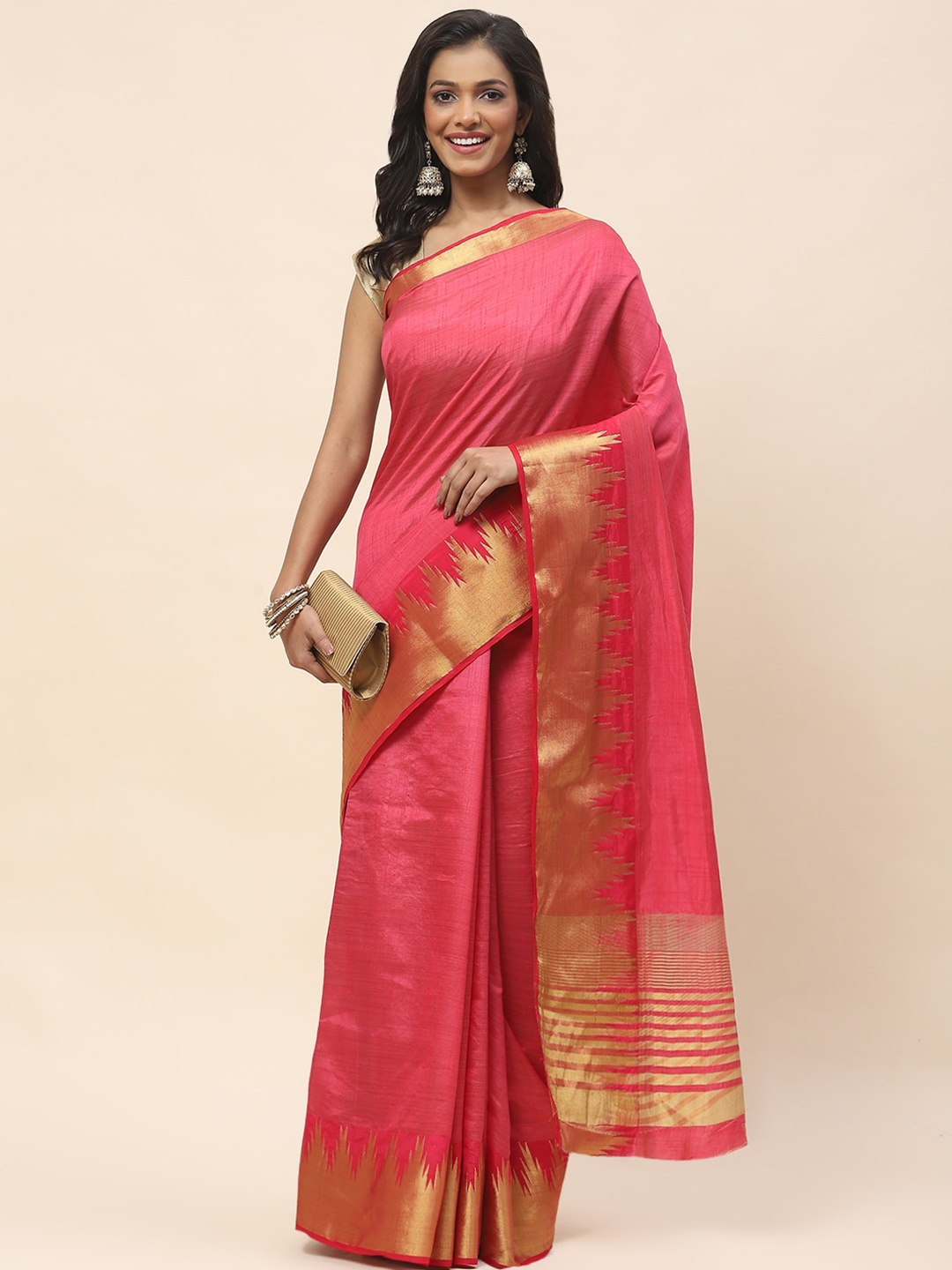 

Meena Bazaar Zari Woven Design Saree, Pink