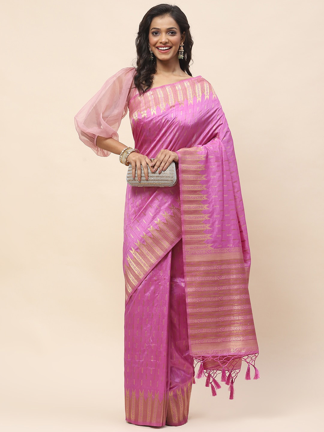 

Meena Bazaar Ethnic Motifs Woven Design Zari Saree, Purple