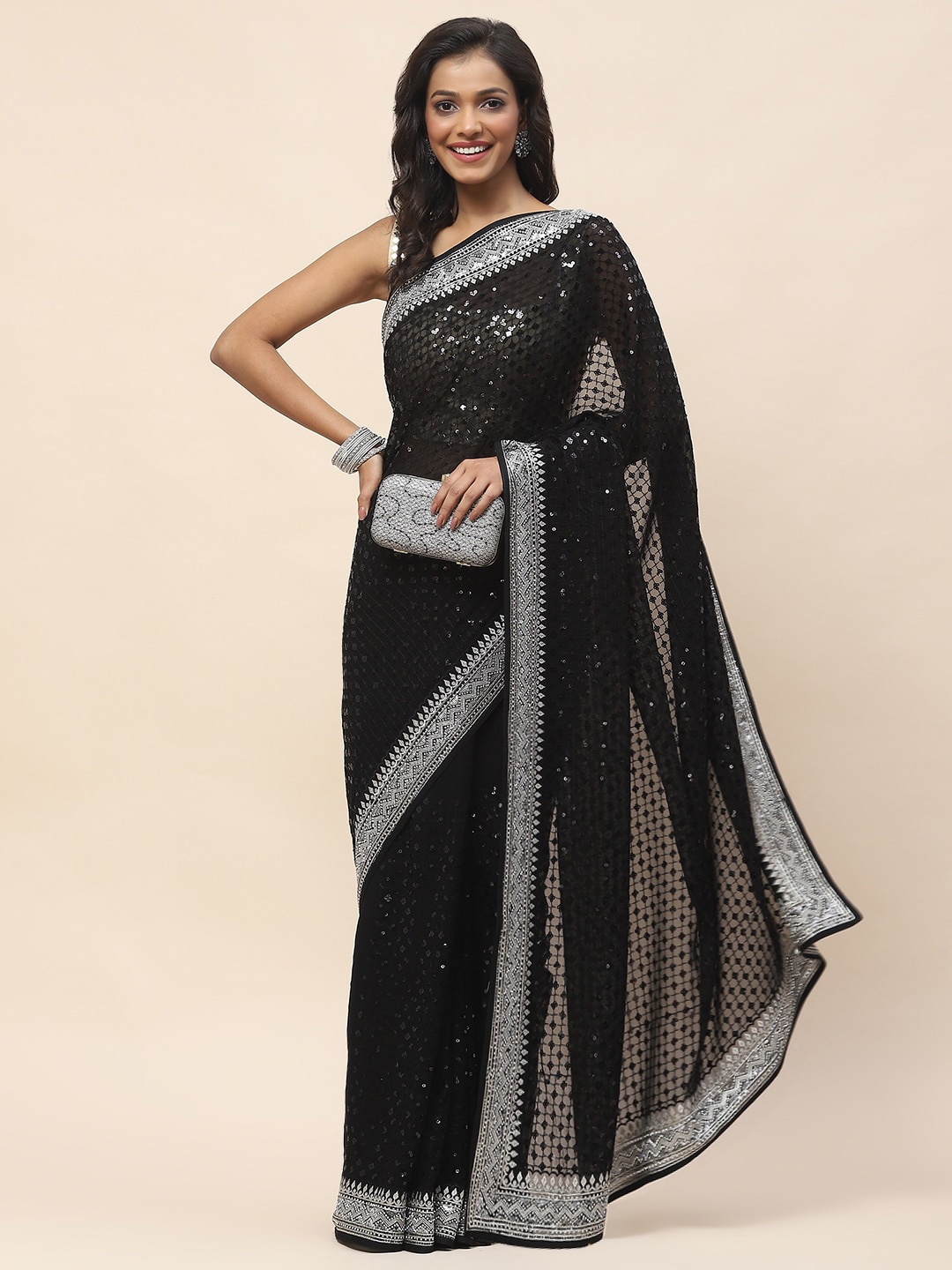 

Meena Bazaar Geometric Embellished Sequinned Saree, Black