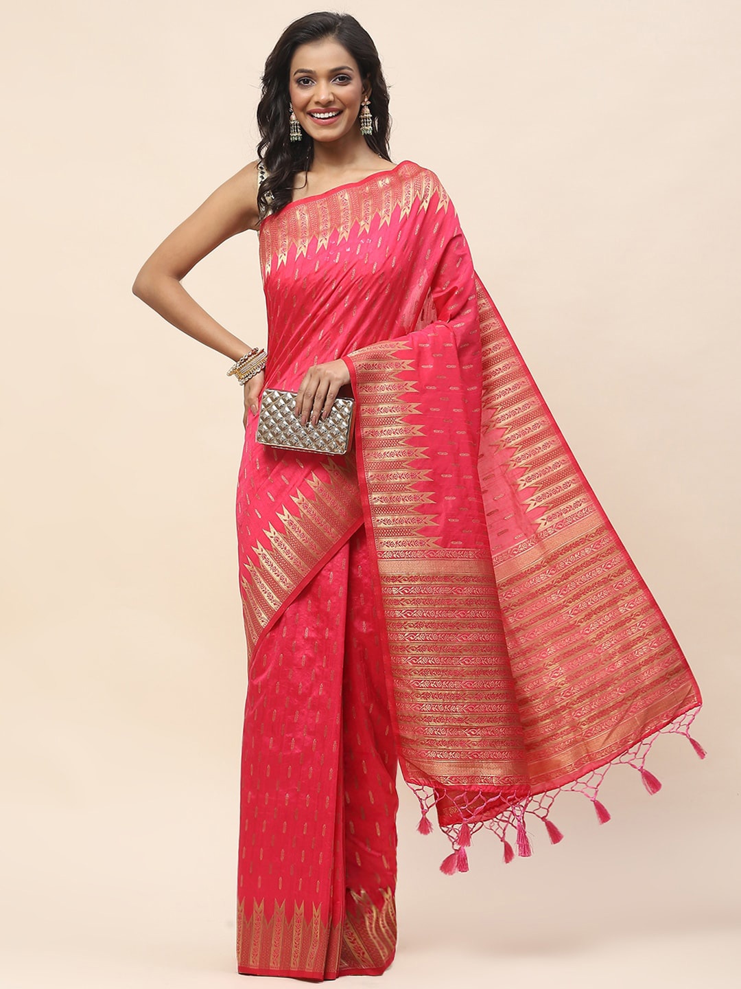 

Meena Bazaar Ethnic Motifs Woven Design Zari Art Silk Saree, Pink