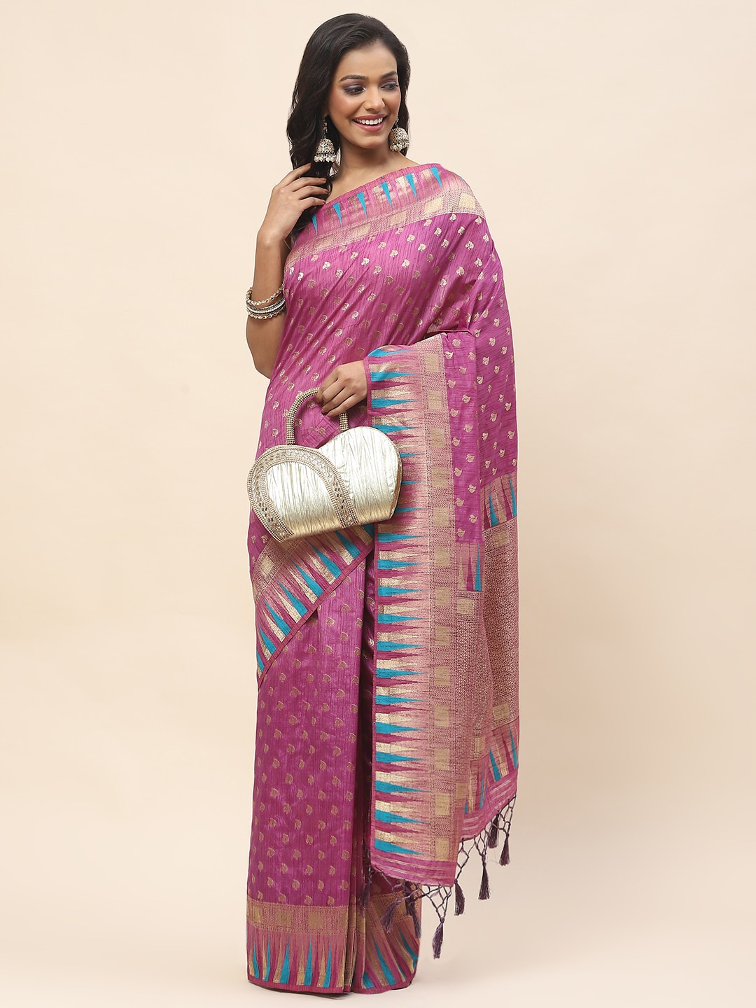 

Meena Bazaar Ethnic Motifs Woven Design Zari Saree, Purple