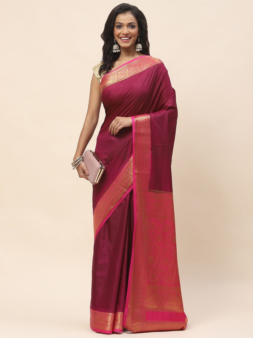 

Meena Bazaar Ethnic Motifs Woven Design Zari Saree, Burgundy