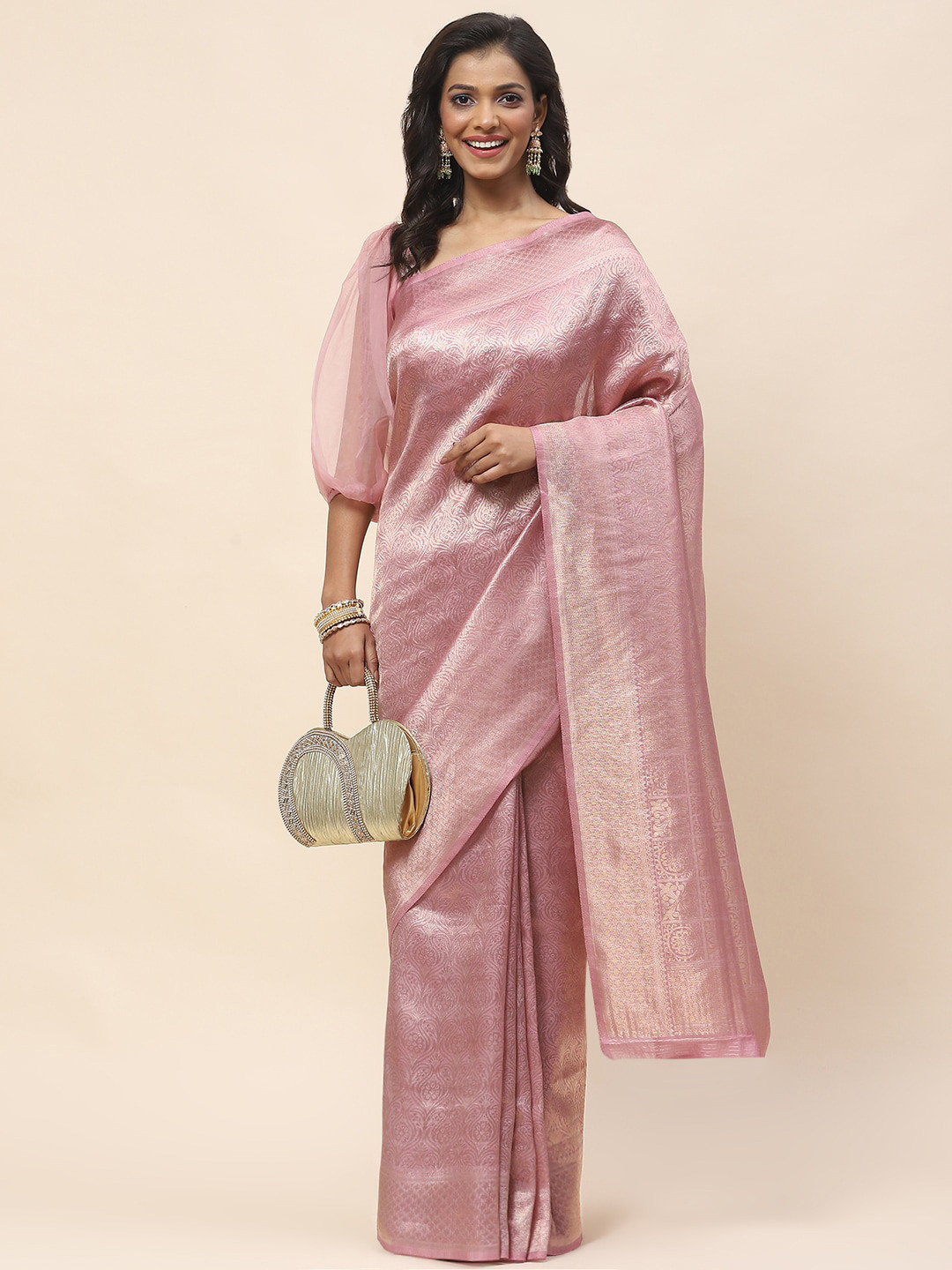 

Meena Bazaar Ethnic Motifs Woven Design Zari Banarasi Saree, Pink